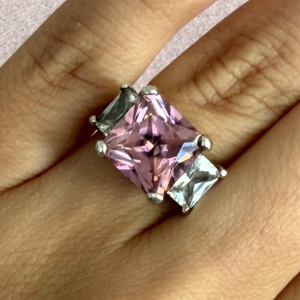 sterling silver pink & clear cz cocktail ring size 6